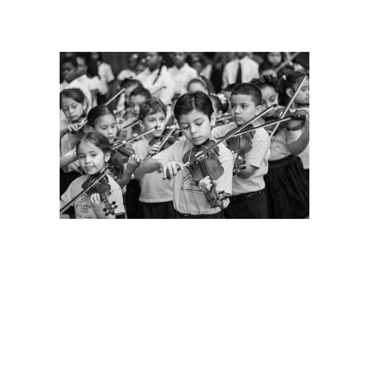 group of students playing violin with a quote from John Daddario Jr